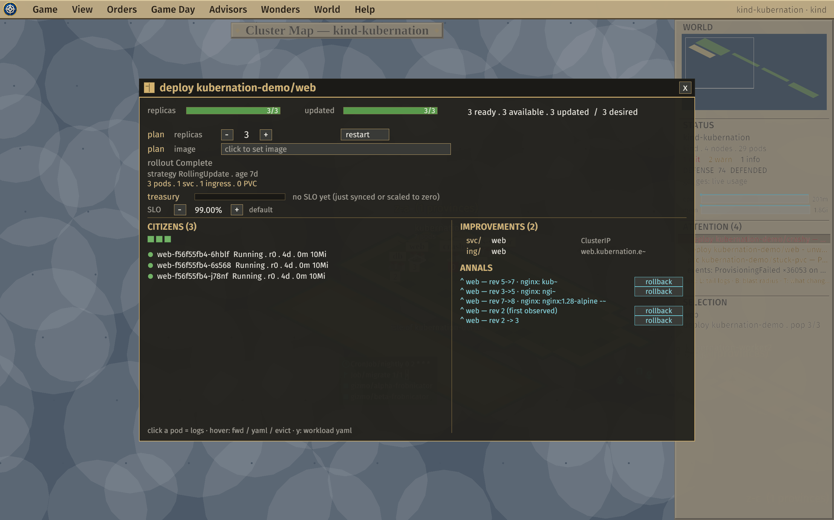 The city window for a Deployment, showing gauges, pod census, improvements, treasury, and change annals.