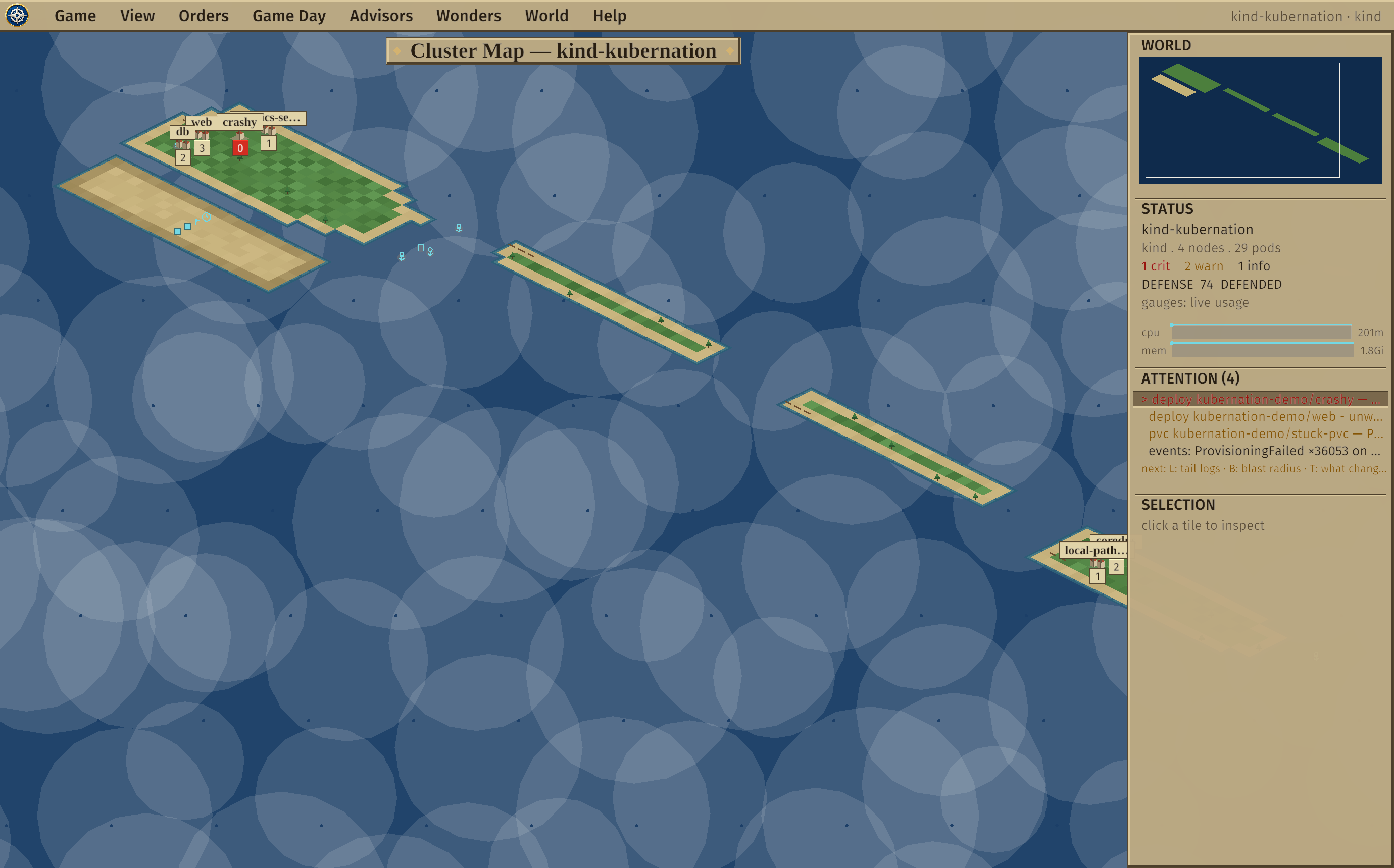 A live Kubernetes cluster rendered as an isometric world map, with cities for workloads and an attention queue in the right column.